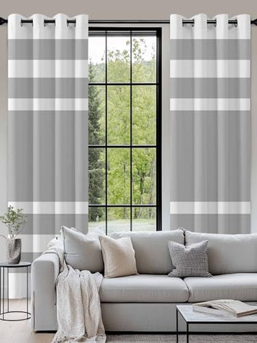 Gray Geometric Blackout Curtains 96 Inches Length 2 Panels Set, Fringe