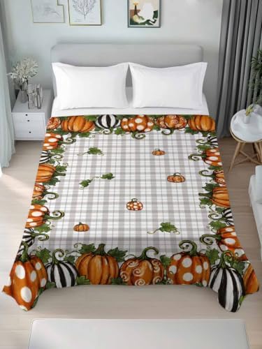 Cal King Size Flat Sheet Only, Thanksgiving Pumpkin Polka Dot Line Bed