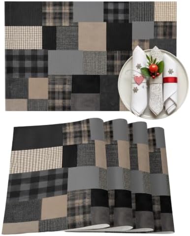 Gray Gingham Placemats Set of 8, Cotton Linen Fabric Place Mats