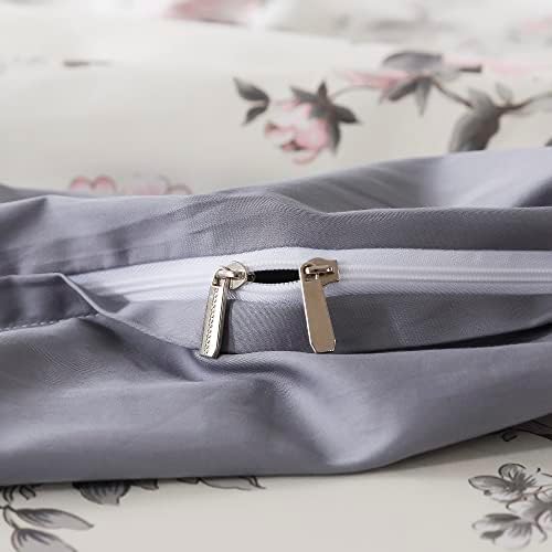FADFAY Duvet Cover Set Queen Vintage Rose Floral Bedding Shabby Grey