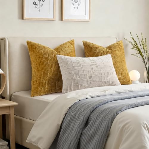 Pallene Mustard Yellow Textured Chenille Throw Pillow Covers 20x20 Set