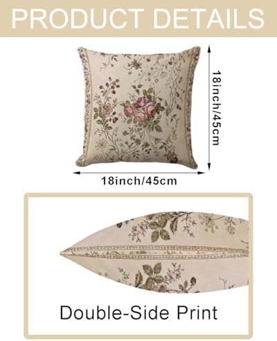 Vintage Rose Pillow Cover 18x18, French Country Botanical Print