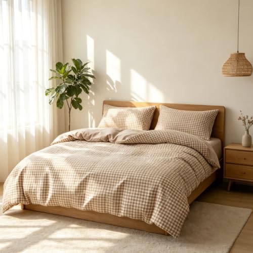 Khaki Gingham Duvet Cover Set Soft Bedding Cover 3 Pieces Bedroom