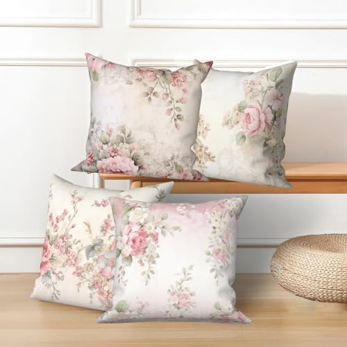 Floral Pillow Covers Poppy Rose Flower Vintage 20x20 Set of 4