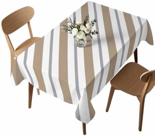 Beige Grey Stripe Waterproof Tablecloth Rectangle Washable Table