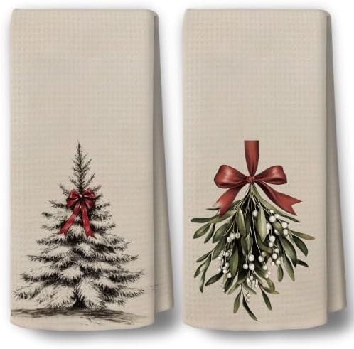 Vintage Beige Christmas Tree Mistletoe Kitchen Towels, 16"x24"