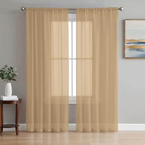 Beige Sheer Curtains 108 Inch Long 2 Panels Solid Color Beige