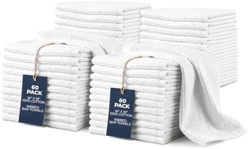 Avalon Towels Ribbed Bar Mop Towels, White Bar Towels, 16x19, Pack of