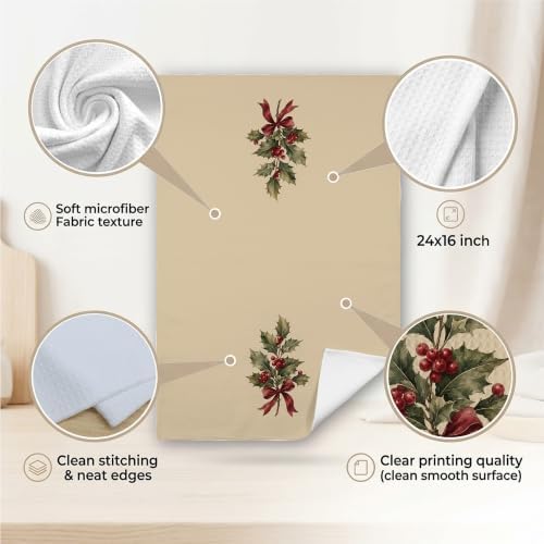Neutral Holly Berry Christmas Decorative Kitchen Towels 16x24 Inch