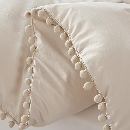 YIRDDEO Queen Comforter Set, Beige Ball Pom Fringe Bedding Set