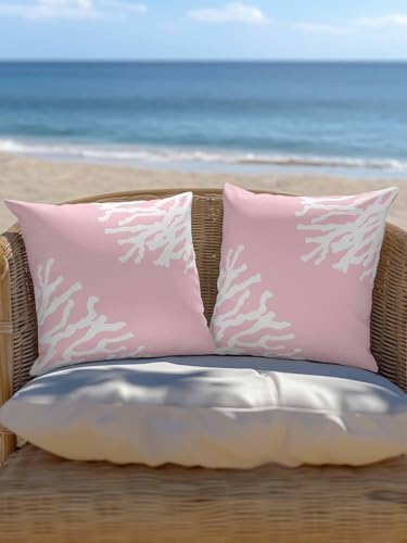Outdoor Pillows Waterproof Set of 2, Coral Pink Patio Throw Pillows