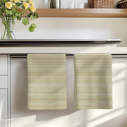 Rustic Beige Striped Kitchen Towels Set of 3, Absorbent Microfiber