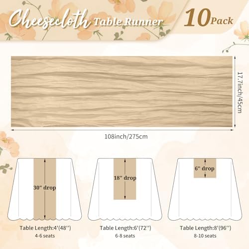 Pesonlook Cheesecloth Table Runner Beige, 10 Pack 17.7x108 inch, Long