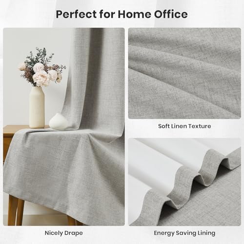 Melodieux Grey Linen Blackout Curtains 63 Inch Length for Bedroom
