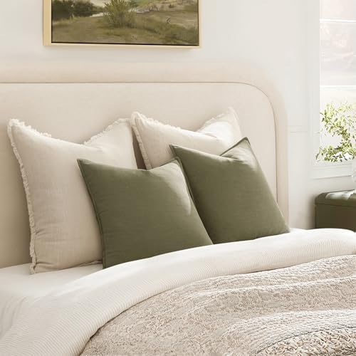 ANRODUO Decorative Linen Pillow Covers 22x22 Light Olive Green Pack of