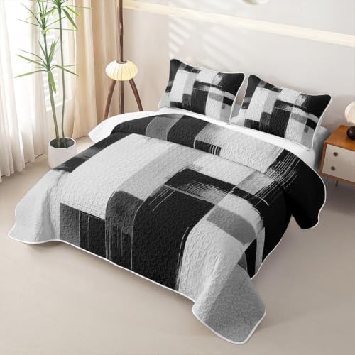 Feelyou Abstarct 3 Piece Quilt Set King Black Gray Bedding Set