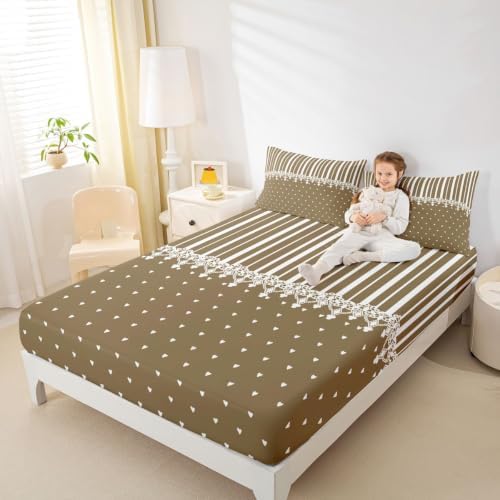 Erosebridal Taupe Heart Striped Bed Sheets Queen for Kids Girls Boys