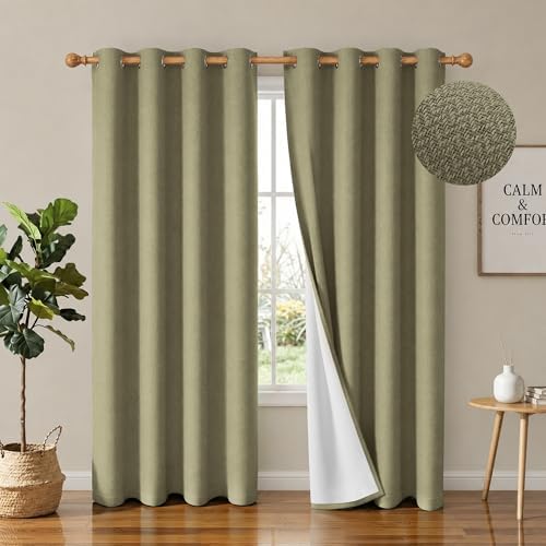 2 Panels 100% Blackout Linen-Textured Thick Grommet Curtains