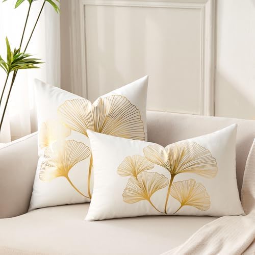 White Decorative Throw Pillow Covers Gold Line Ginkgo Cushion Covers