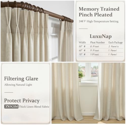 Extra Long 108 Inch Pinch Pleated Heavy Linen Sheer Warm Beige