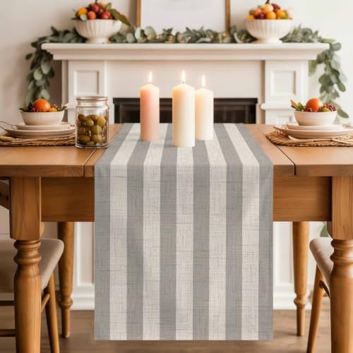 Gray Beige Striped Table Runners 90 Inches Long, Modern Burlap Texture