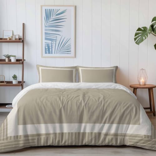 White Frame Twin Size 4 Piece Duvet Cover Set, Minimalist Sand Border