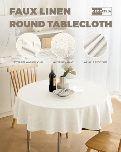 Decorelia Waterproof Faux Linen Tablecloth for Round Dining Table