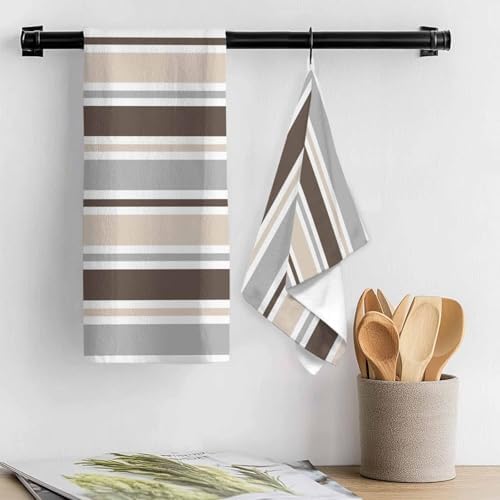 Brown Beige Gray Stripes Line Kitchen Towels 3 Pack,Microfiber Dish