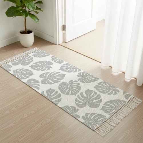 Gray Monstera Leaf Hallway Runner Rug 2'x5', Tropical Plant Foliage