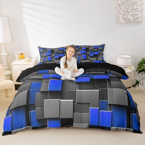 Manfei Abstract Style Comforter Cover King Size Black Gray Blue Grid
