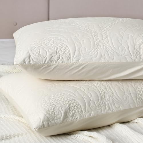 Quilted Pillow Shams Damask Ivory King Set of 2 Embroidered Cotton