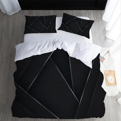 Black Geometric Duvet Cover Set King Size, Luxury Gray Lines Art