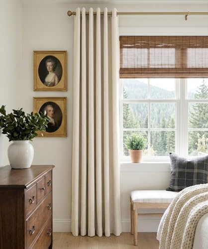 100% Blackout Linen Curtains 84 Inch Long 2 Panels Set, Butter Cream