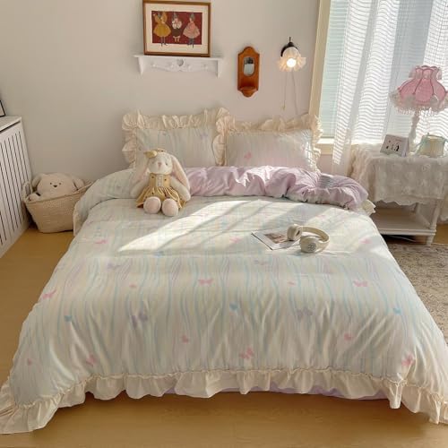 Pastel Butterfly Duvet Cover King Cream Cotton Ruffle Bedding Set