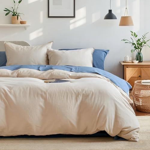 Full Size Washed Cotton Duvet Cover Set, 3 Pieces Linen Like Cooling