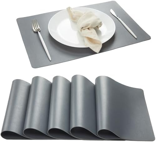 DOLOPL Grey Placemats Set of 6, Wipeable Faux Leather Place Mats