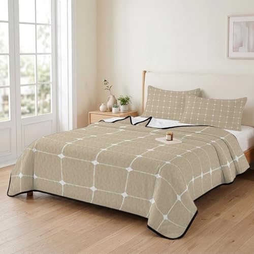 Quilts King Size Bedding Set, Taupe Gingham Lightweight Quilted