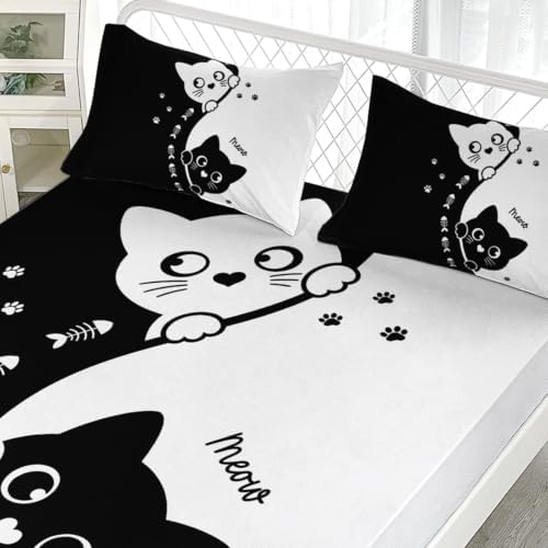 AILONEN Monochrome Feline Pair Fitted Sheet Set Twin XL, Fishbone