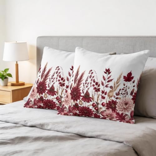 Pillow Covers 18x18 Set of 2, Dark Red Floral Square Throw Pillow