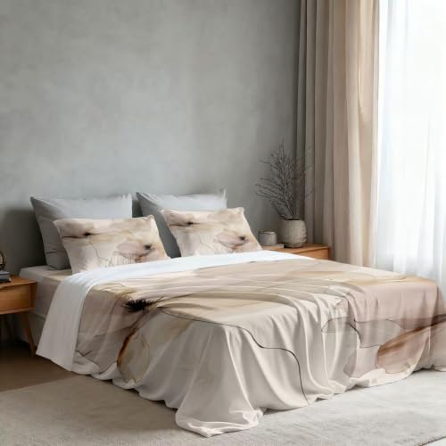 Floral Fluid Lines Artwork Queen Sheet Set, Delicate Petal Depiction