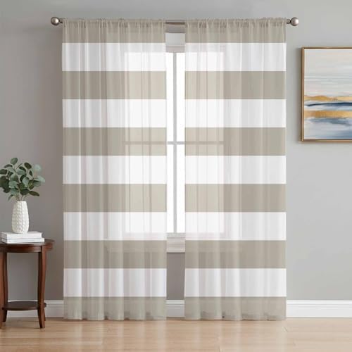 Beige and Sheer Curtains for Living Room 108 inch Length 2 Panels Set