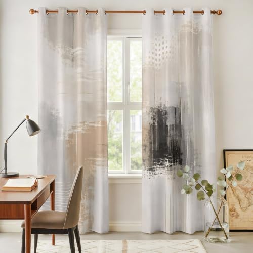 Brown Black Abstract Window Curtains Panels with Silver Grommet,Modern