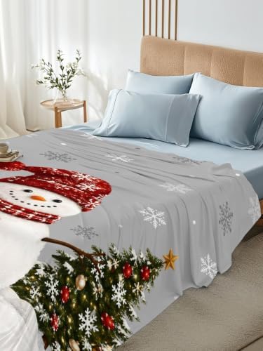 Cal King Size Flat Sheet Only, Snowman Snowflake Pine Tree Bed Top