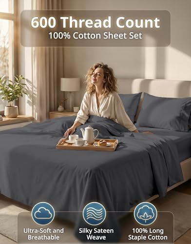 600TC 100% Cotton King Bed Sheets - Silky Smooth Sateen Weave