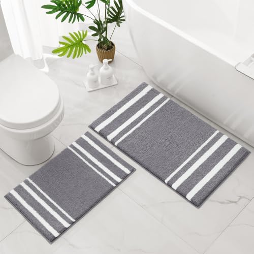 HOMEIDEAS Bathroom Rug Set 2 Piece, Striped Super Absorbent Soft