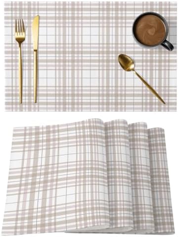 Buffalo Plaid Placemats Set of 4, Cotton Linen Fabric Place Mats, Sand
