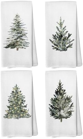 Winter Christmas Tree Kitchen Towels, Vintage Christmas Tree Decor