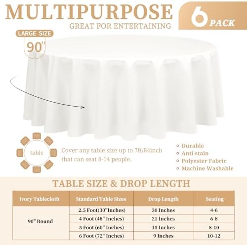 Showgeous 90 Inch Ivory Round Tablecloths, Polyester Table Covers