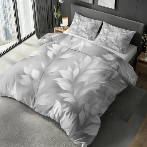 Grey Leaves Bedding King Duvet Cover, Botanical Bedroom Decor