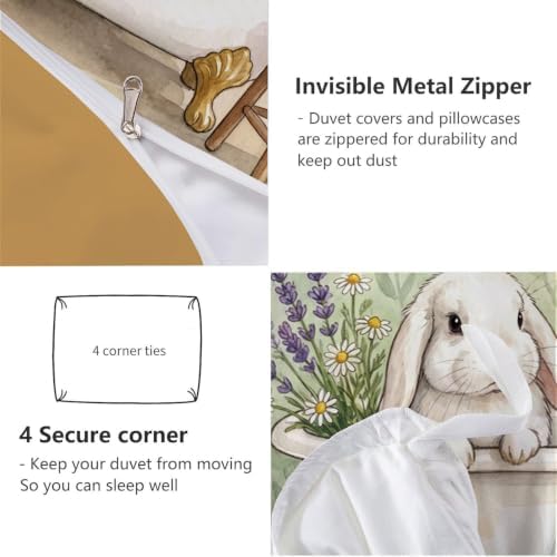Sage Green Retro Bathtub Rabbit Duvet Cover Set for Women Girls 3 Pcs